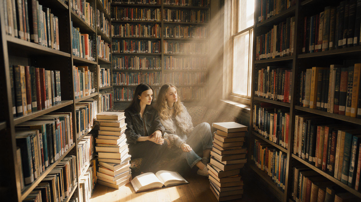 Kaia Gerber sitting comfortably with Alyssa Reeder and stacks of books in a cozy library