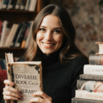Kaia Gerber holds a worn book club title with a gentle smile in a cozy library with blurred bookshelves