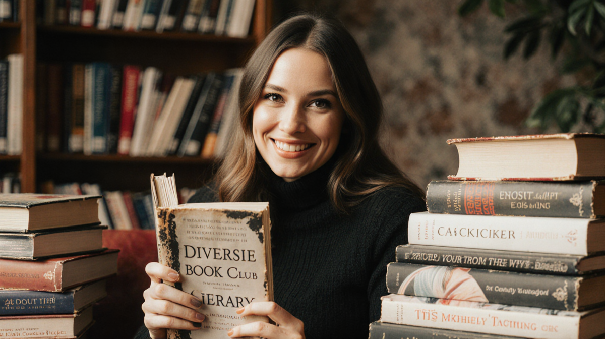 Kaia Gerber holds a worn book club title with a gentle smile in a cozy library with blurred bookshelves
