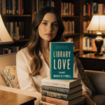 Kaia Gerber sits comfortably among a stack of books with Hamnet on top under warm golden lamps in a cozy library.