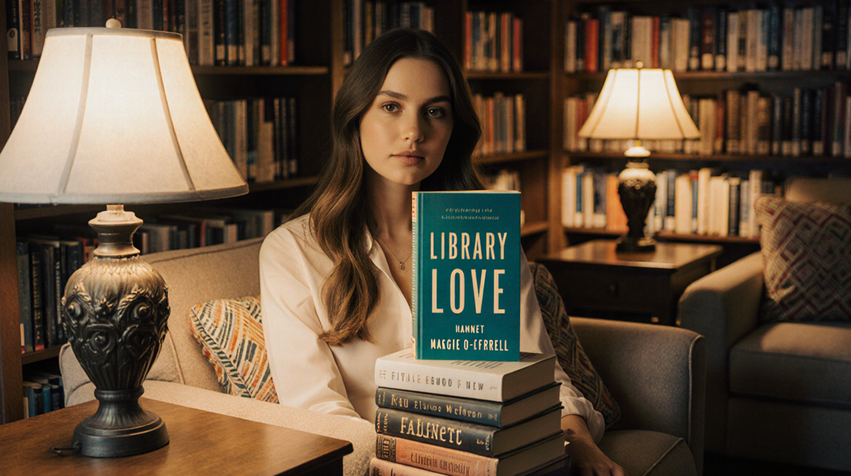 Kaia Gerber sits comfortably among a stack of books with Hamnet on top under warm golden lamps in a cozy library.