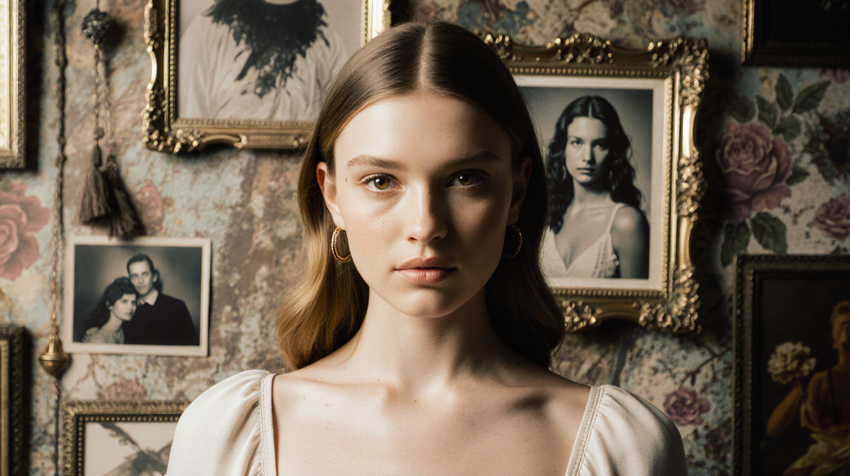Model Kaia Gerber standing with light and vintage backdrop featuring eclectic art and frame holding a Cindy Crawford photo