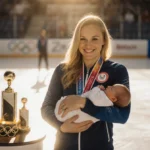 Kaillie Humphries holds her newborn baby with Olympic medals and golden light showing triumph after overcoming health challen
