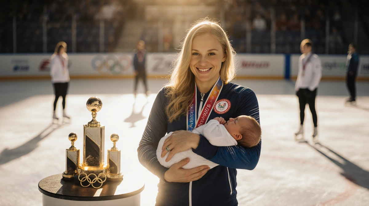 Kaillie Humphries holds her newborn baby with Olympic medals and golden light showing triumph after overcoming health challen