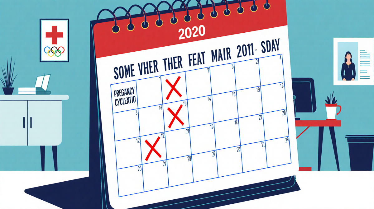 Kaillie Humphries reviewing her calendar with Olympic cycle and pregnancy marked and a red X and fertility clinic background