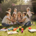 Mother laughing with seven kids and toys in sunlit backyard.