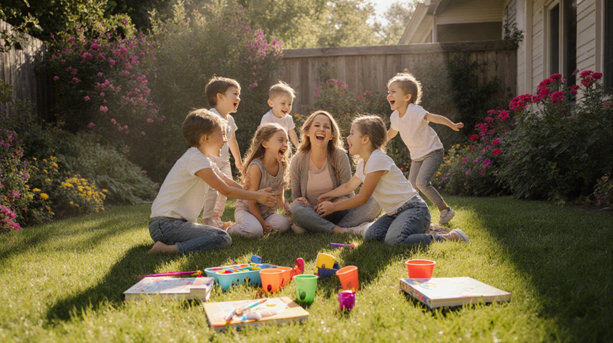 Mother laughing with seven kids and toys in sunlit backyard.
