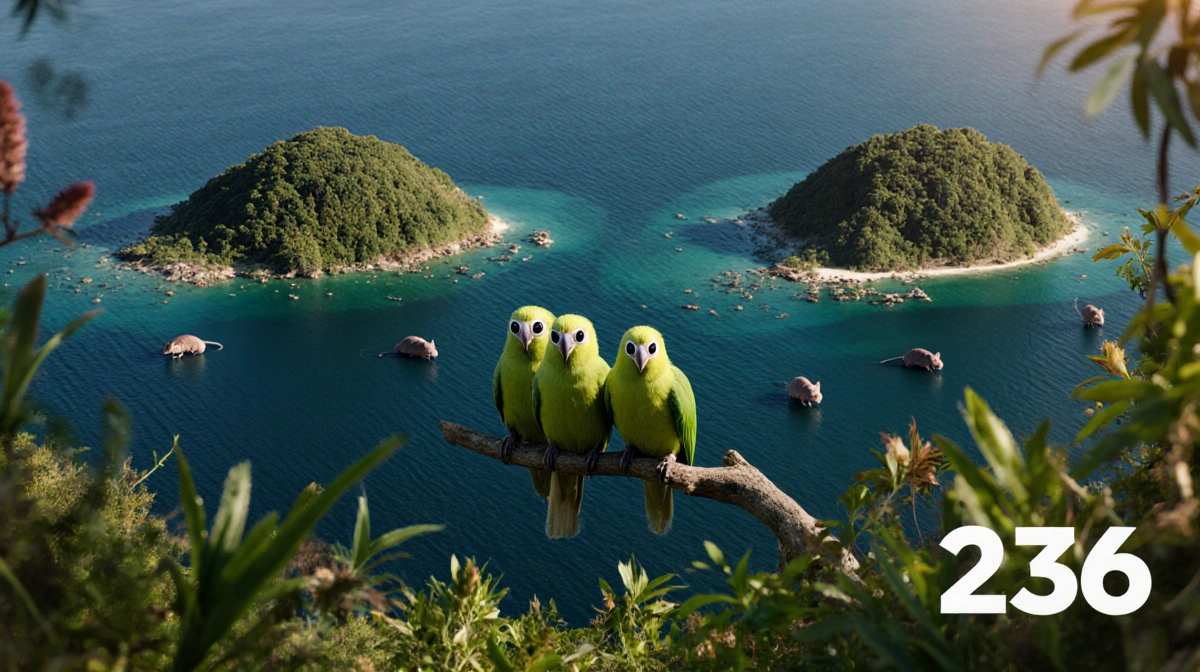 Kākāpō birds perched on branch with lush New Zealand sanctuary island showing predator hints and sunlight