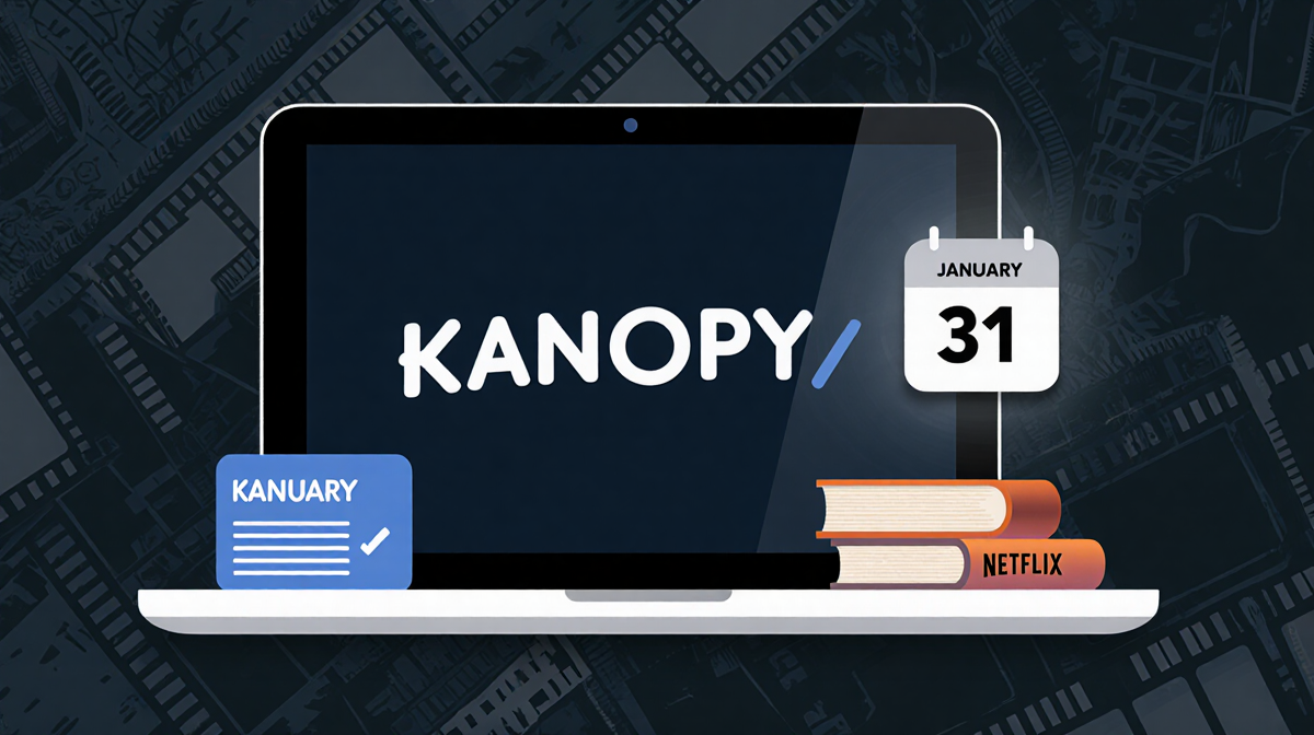 Laptop screen showing Kanopy logo with books and library card near it and calendar marking January 31 deadline.