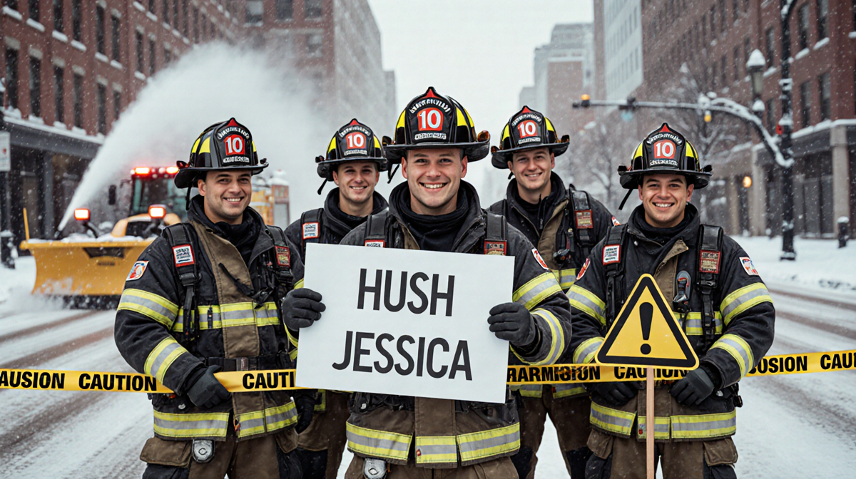Firefighter holding giant Hush Jessica sign with smiling teammates holding caution tape on snow-covered street