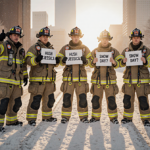 Firefighters holding signs with humorous warnings and thumbs up and funny face in snow during golden hour lighting