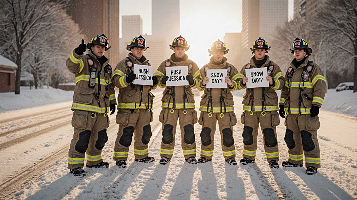 Firefighters holding signs with humorous warnings and thumbs up and funny face in snow during golden hour lighting