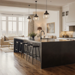 Modern kitchen island dominates living room with white backdrop and natural light illuminating hardwood floors.