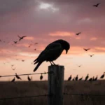 A lone bird perches on a weathered fence post with drooping feathers against the Kansas prairie sunset and distant flock silh
