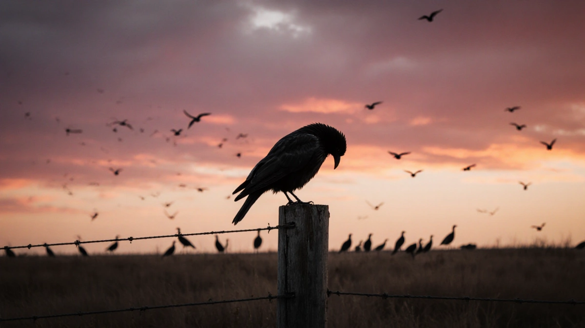 A lone bird perches on a weathered fence post with drooping feathers against the Kansas prairie sunset and distant flock silh