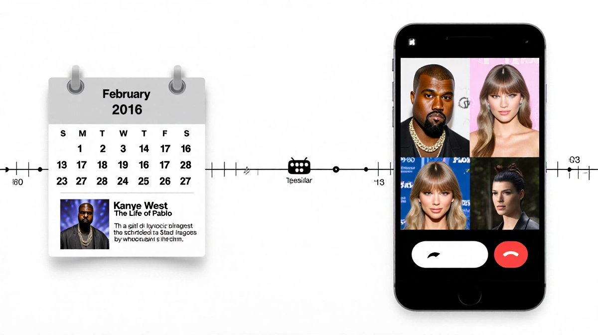 Split-screen timeline showing Kanye West releasing The Life of Pablo in 2016 with Kim Kardashian's phone call clips convergin