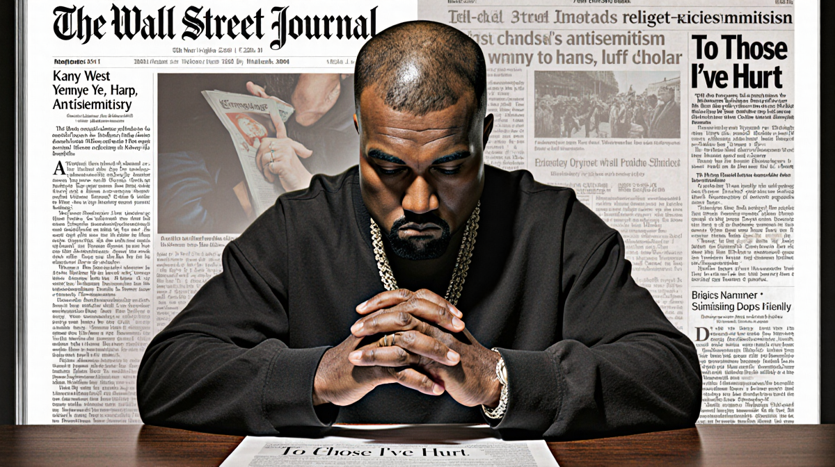 Kanye West looking down with hands clasped at a page titled To Those I've Hurt antisemitism headline.