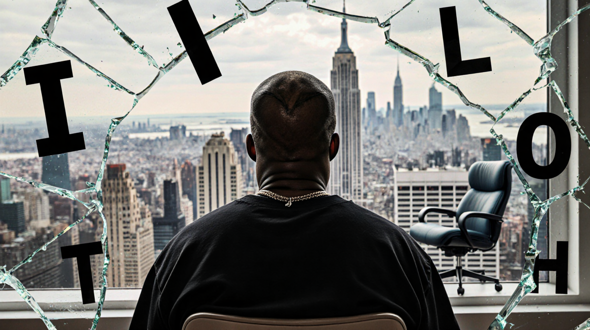 Person sits with blurred cityscape behind and shattered mirror fragments showing letters I and L in front hinting at regret.