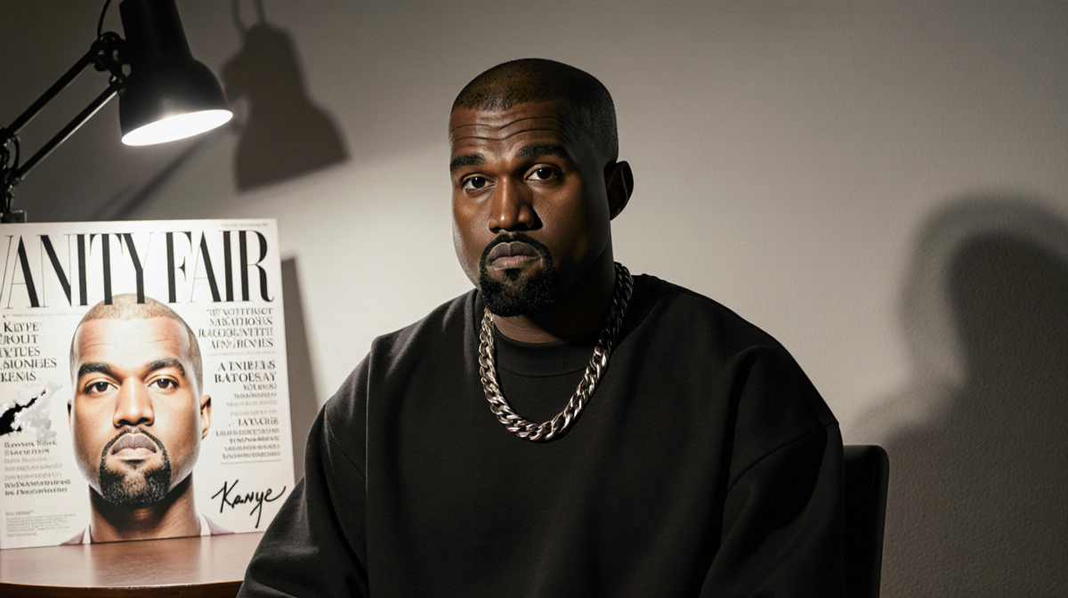 Kanye West sits in dimly lit interview room with Vanity Fair cover showing torn edge in background.