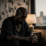 Kanye West sits with head bowed and hands clasped in a room with clippings and lamp glow and blurred cityscape introspection.