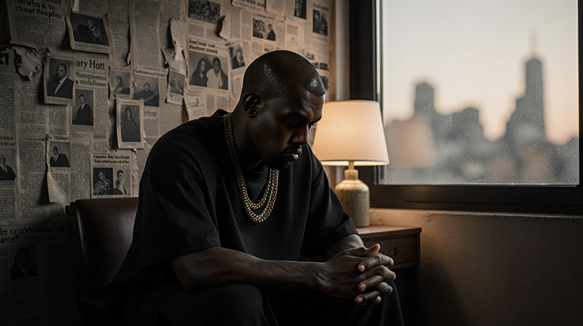 Kanye West sits with head bowed and hands clasped in a room with clippings and lamp glow and blurred cityscape introspection.