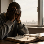 Kanye West sits with head in hands at a desk with open book and Yeezy clothing under warm melancholic lighting