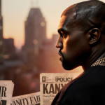 Kanye West introspectively gazing out at a dusk cityscape with orange glow and newspaper headlines.