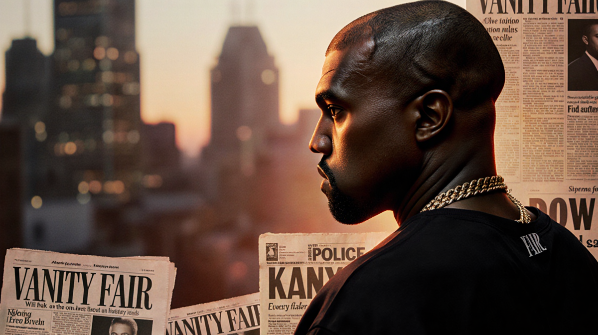 Kanye West introspectively gazing out at a dusk cityscape with orange glow and newspaper headlines.
