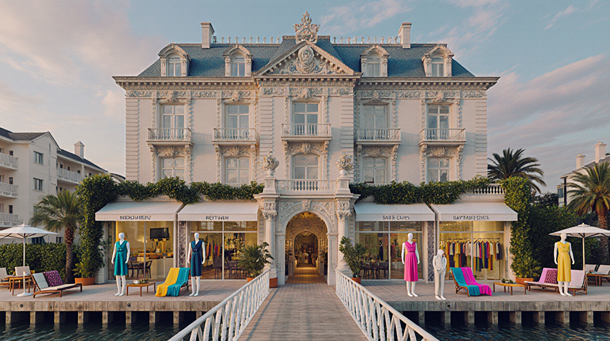 Hotel stands on pier with ornate resort facade and bright beach towels and lush greenery
