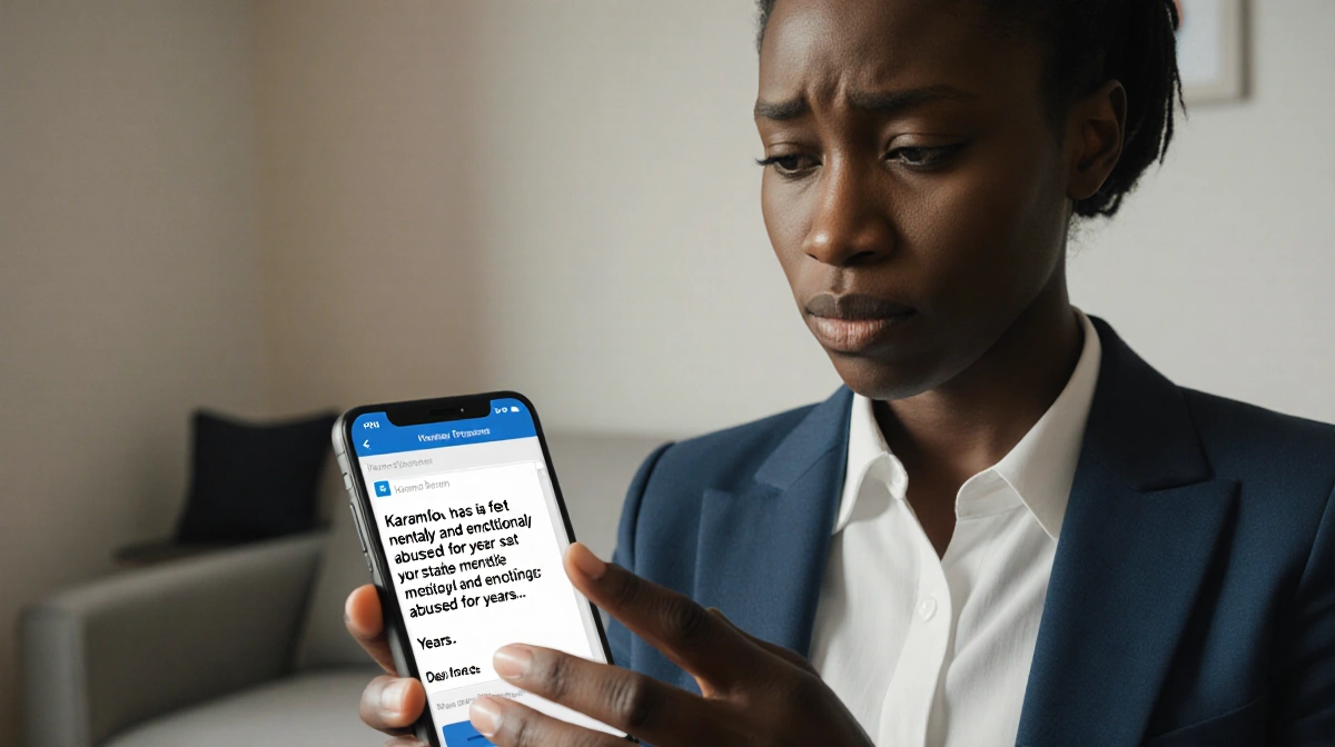 Assistant holding phone with email showing Karamo's statement and faint therapist couch shadow in background.