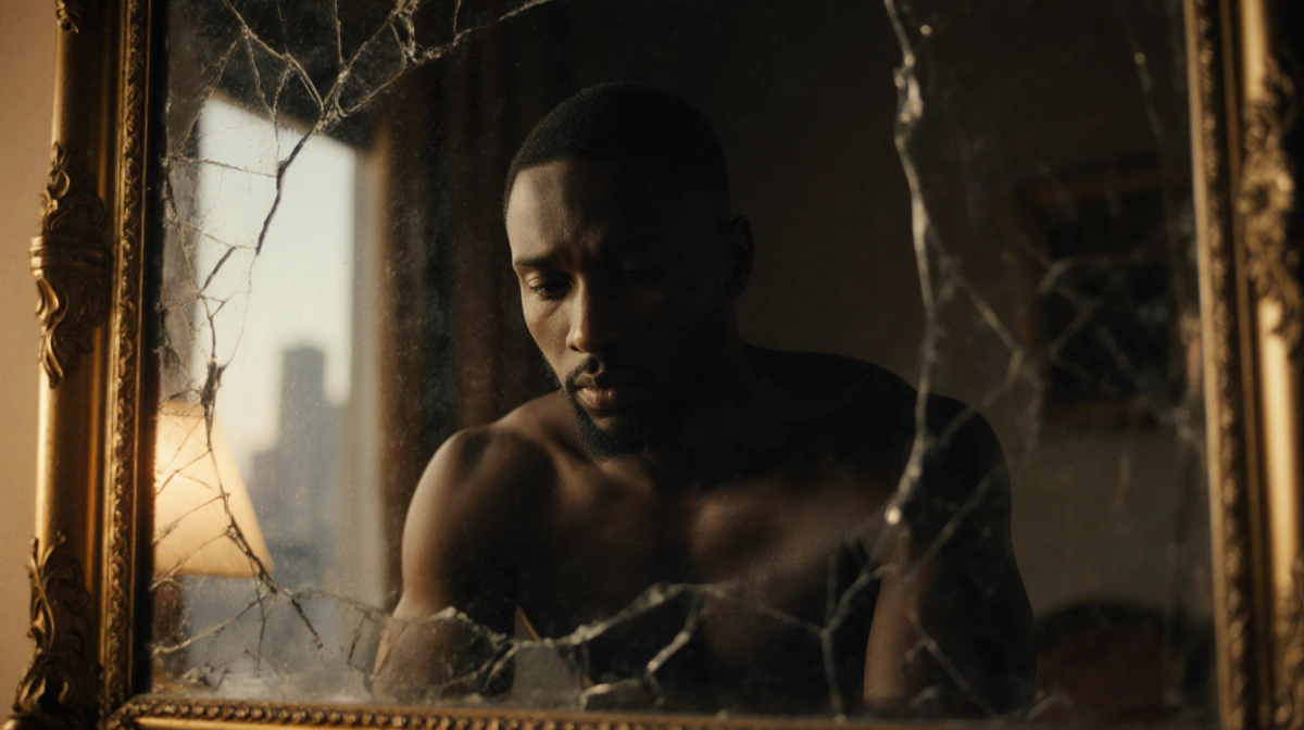 Karamo Brown sits before a cracked mirror with golden light illuminating his face and a blurred cityscape reflected behind