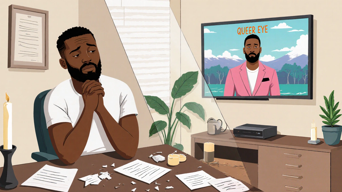 Karamo Brown sitting in therapist office with candles and plants showing calm while broken notes hint at struggle