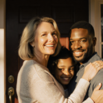 Karen Huger embraces her husband and daughter with a warm smile at her home entrance golden light surrounding them