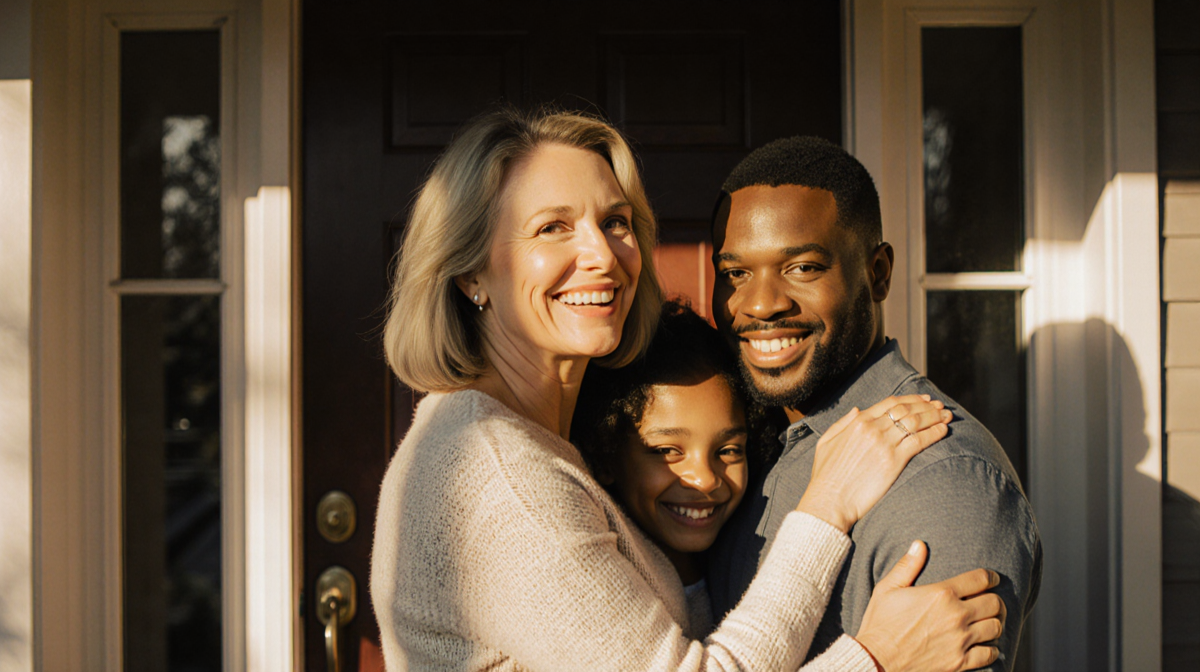 Karen Huger embraces her husband and daughter with a warm smile at her home entrance golden light surrounding them