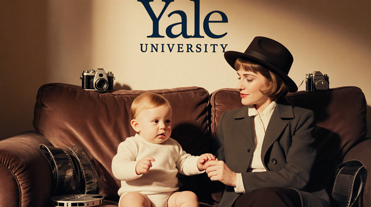 Baby boy sits on couch with film reels nearby and Yale logo visible while mother holds his hand