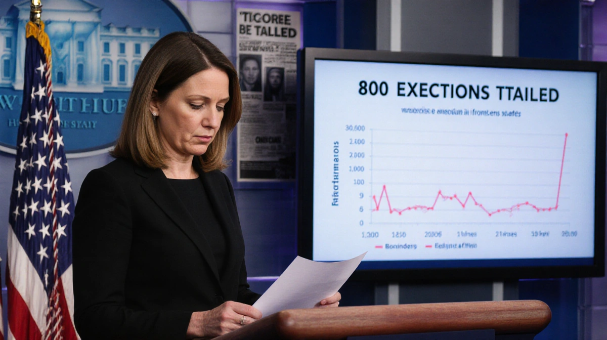 Karoline Leavitt standing at podium with chart showing halted executions and yesterday's newspaper headlines behind her