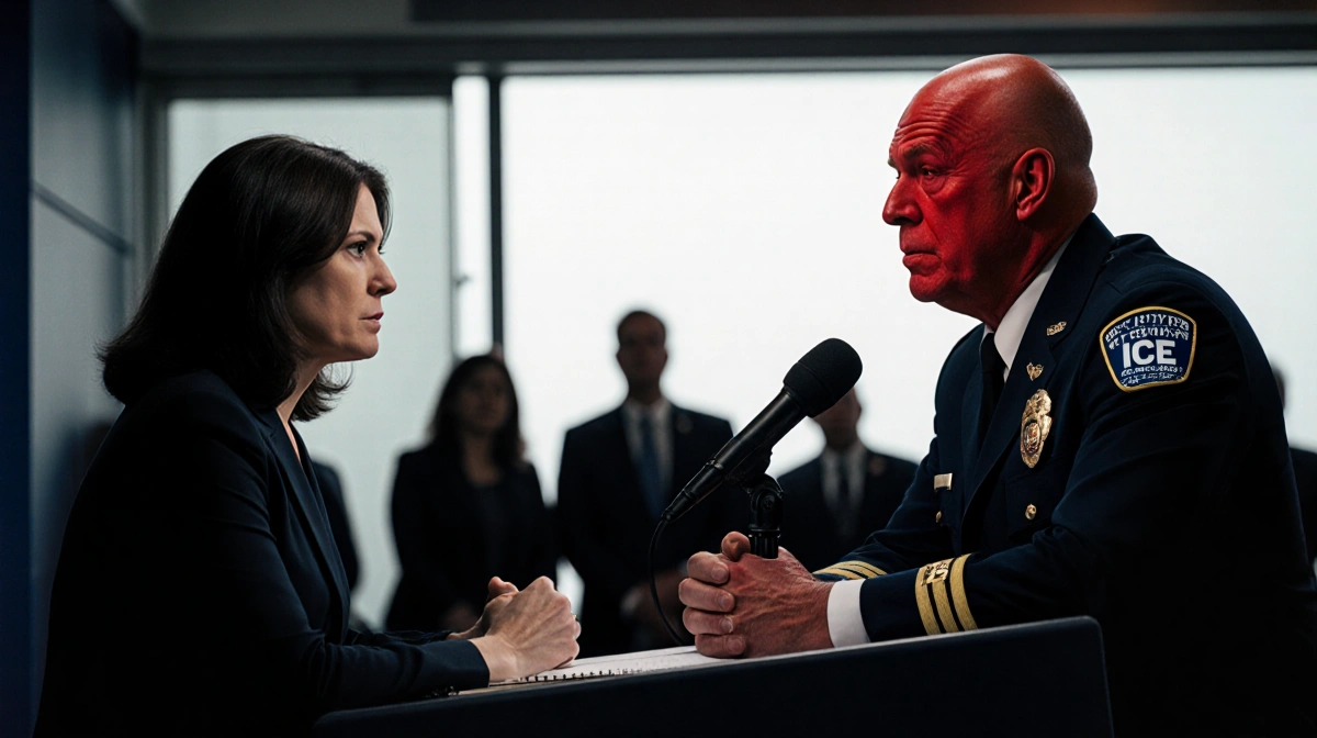 Karoline Leavitt confronting red-faced ICE official at podium with tense expression and notebook in hands