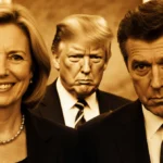 Karoline Leavitt and RFK Jr standing together with Trump visible behind them showing contrasting expressions