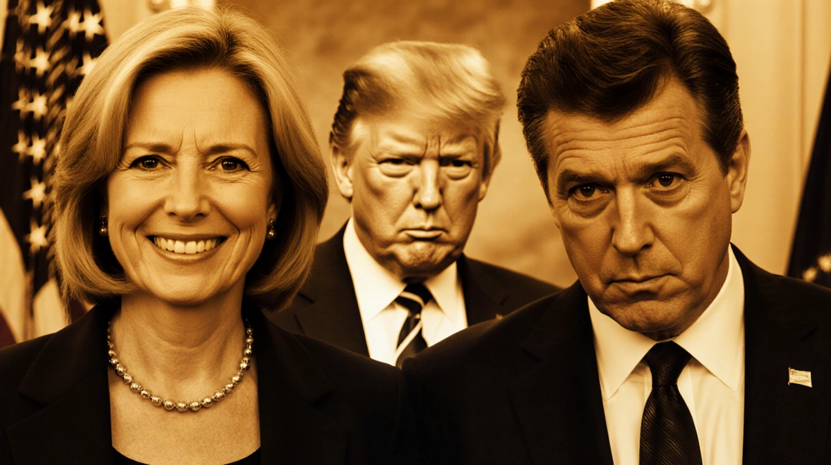 Karoline Leavitt and RFK Jr standing together with Trump visible behind them showing contrasting expressions