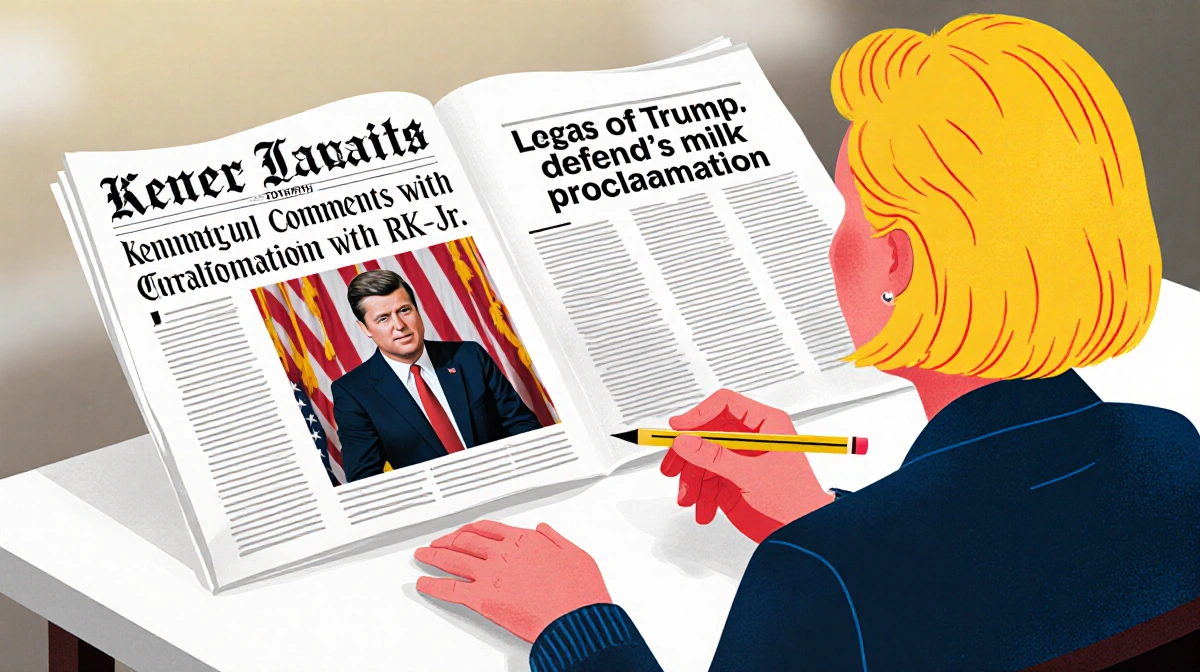 Karoline Leavitt writing with pen at desk with newspapers about RFK Jr interview and Trump milk story