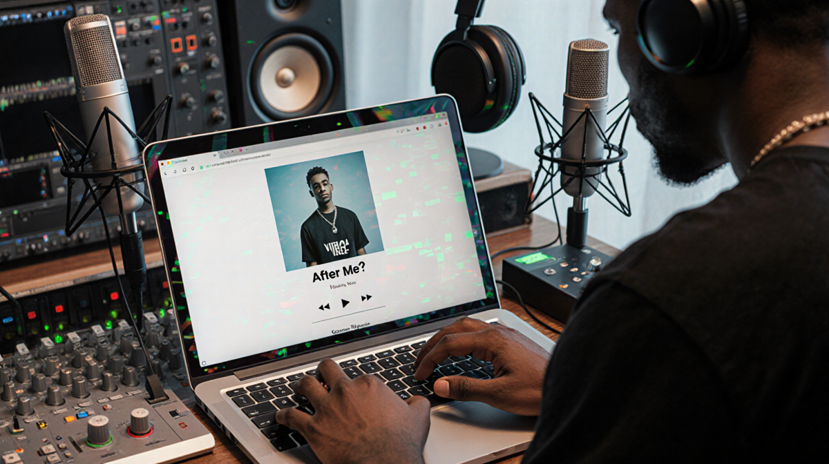 Kashus Culpepper playing keyboard with laptop screen showing viral single After Me? and studio backdrop