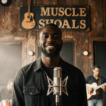 Kashus Culpepper musician stands at microphone with golden light and a vintage blues studio sign of Muscle Shoals