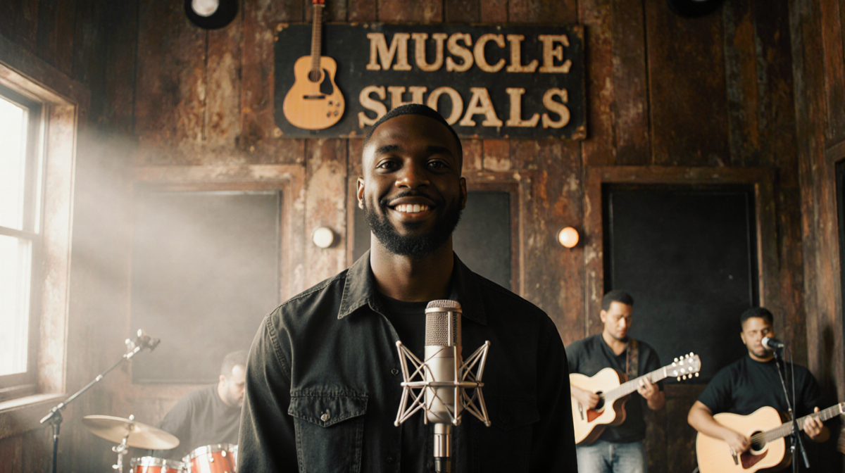 Kashus Culpepper musician stands at microphone with golden light and a vintage blues studio sign of Muscle Shoals