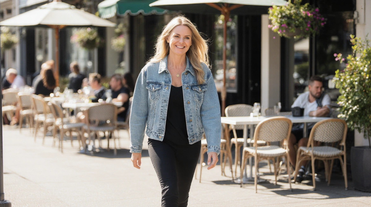 Kate Gosselin walking with small steps and a subtle smile with café seating in the background