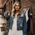 Kate Hudson poses in denim jacket and white dress with vintage clothing racks and New York brick wall behind