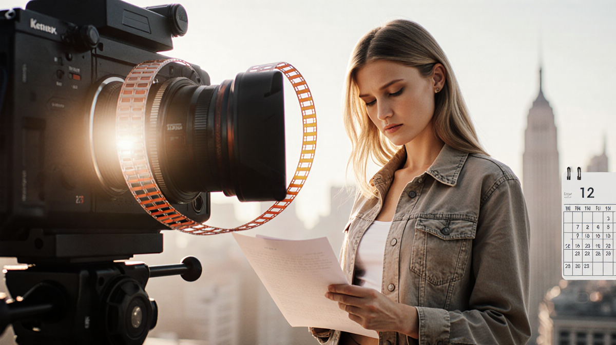 Kate Hudson standing before a camera lens with a film reel unwinding and script in hand with tired but determined expression