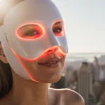 Kate Hudson wearing red light therapy mask with gentle glow and cityscape behind