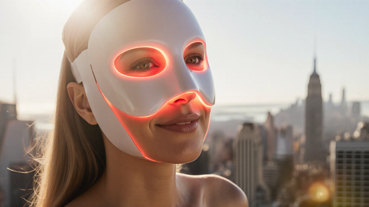 Kate Hudson wearing red light therapy mask with gentle glow and cityscape behind