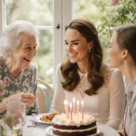 Kate Middleton celebrating birthday lunch with Pippa holding cake and Carole smiling beside her in garden bistro