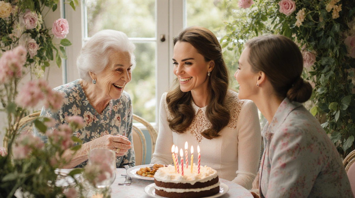Kate Middleton celebrating birthday lunch with Pippa holding cake and Carole smiling beside her in garden bistro